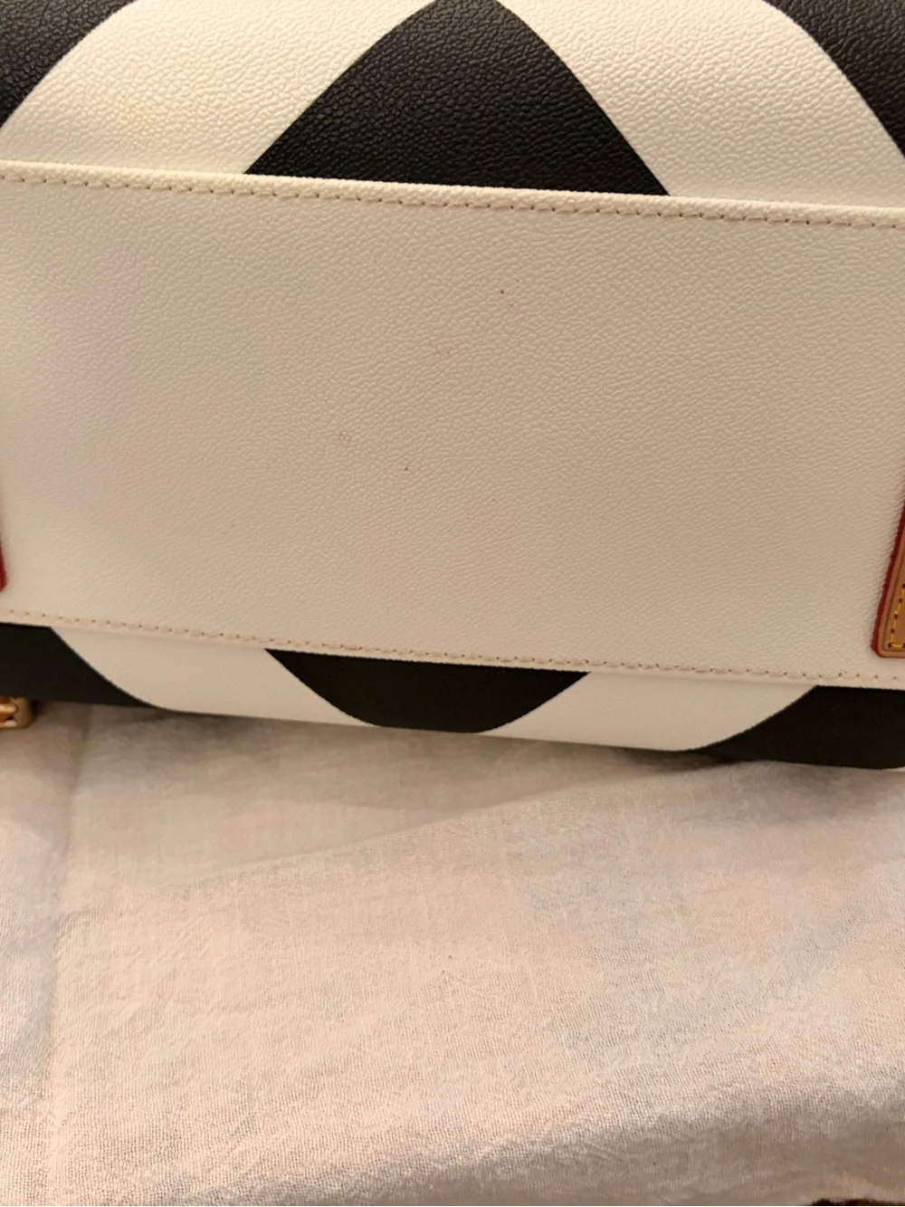 Dooney & Bourke Black and White Chevron Satchel with Red Accented Handles